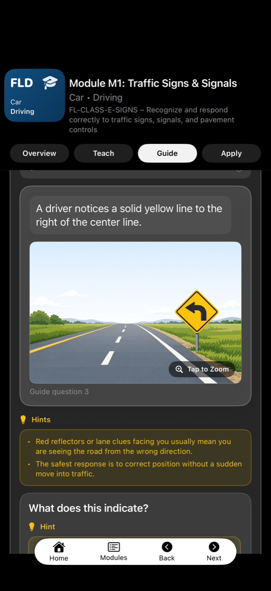 Guided practice screen from Florida DMV Test Prep showing a road-sign scenario question
