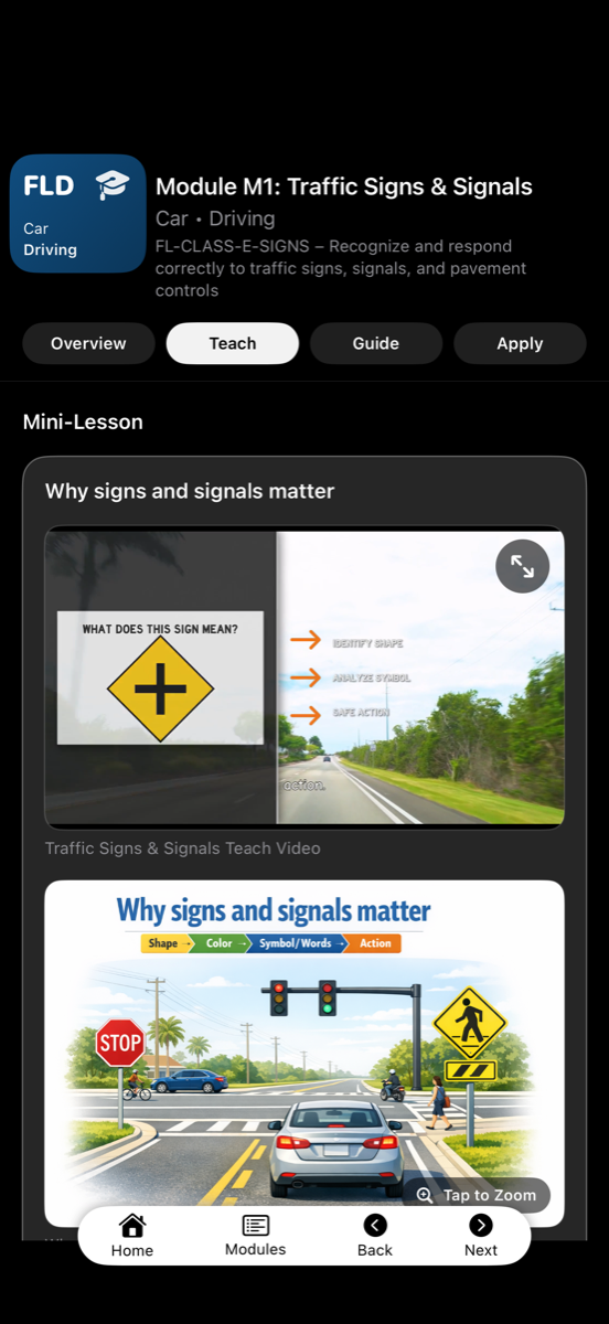 Teach lesson screen from Florida DMV Test Prep showing traffic signs and signals content